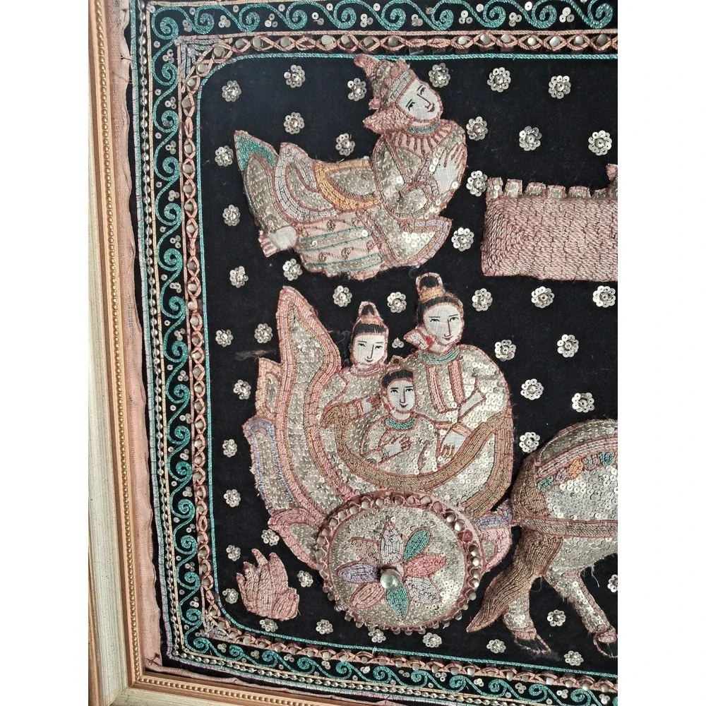 Vintage Thai Burma Myanmar Kalaga Tapestry Ramayana - Koi  Sequins